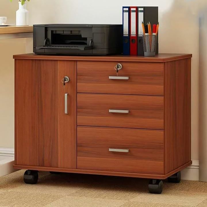 QD-WST デスクワゴン サイドワゴン キャビネット オフィスワゴン 幅70cmx奥行き40cmx高さ57cm 完成品 組み立て不要 木製 引き出し 鍵付き 自在キャスター付き 大容量収納(ブラウン)