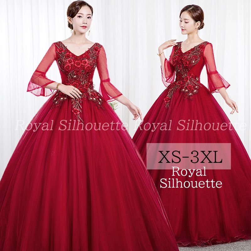 イブニングドレス パーティードレス 長袖 レッド 赤 ナイトドレス 大きいサイズ 謝恩会ドレス 結婚式 XS S M L XL LL 2XL XXL 3XL XXXL 姫系 発表会 プリンセス ガーリー 紐タイプ 豪華 パーティー