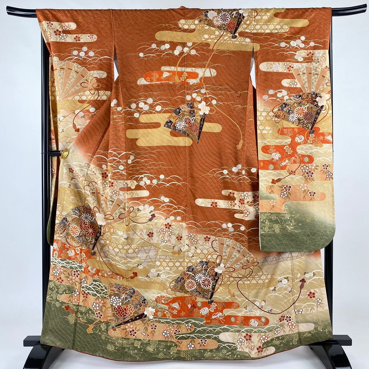 振袖　広衿　袷　金彩　裄長　ロング丈　裄67.5cm　丈162.5cm 振袖 身丈163.5cm 裄丈67.5cm L 袷 やまと 桧扇 菊 金糸 金彩 赤