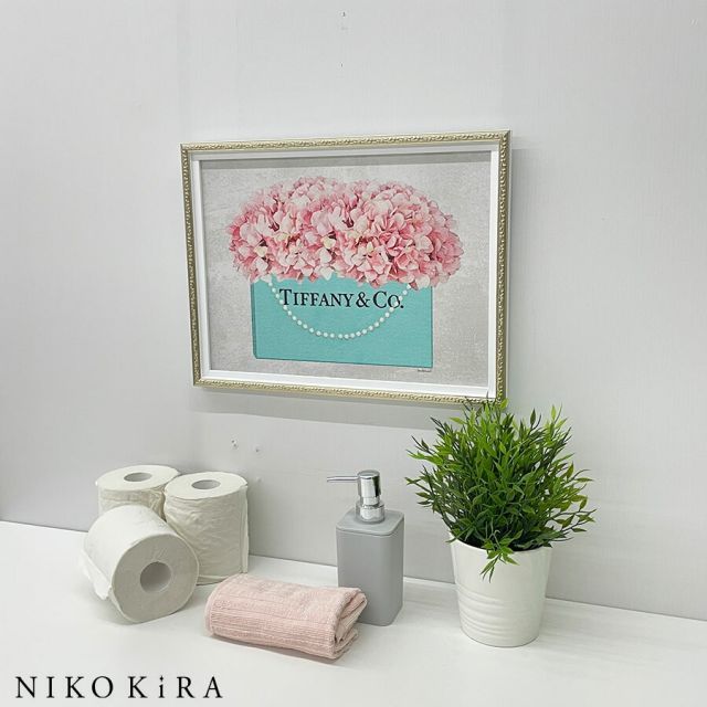 アートパネル アートポスター ブランド おしゃれティファニー TIFFANY ピンク ショッピング ブーケ お花 バッグ 絵 絵画 額入り モダン 玄関 トイレ キャンバス S 43cm 33cm a3 フレーム付き かわいい 可愛い 開運 運気が上がる絵