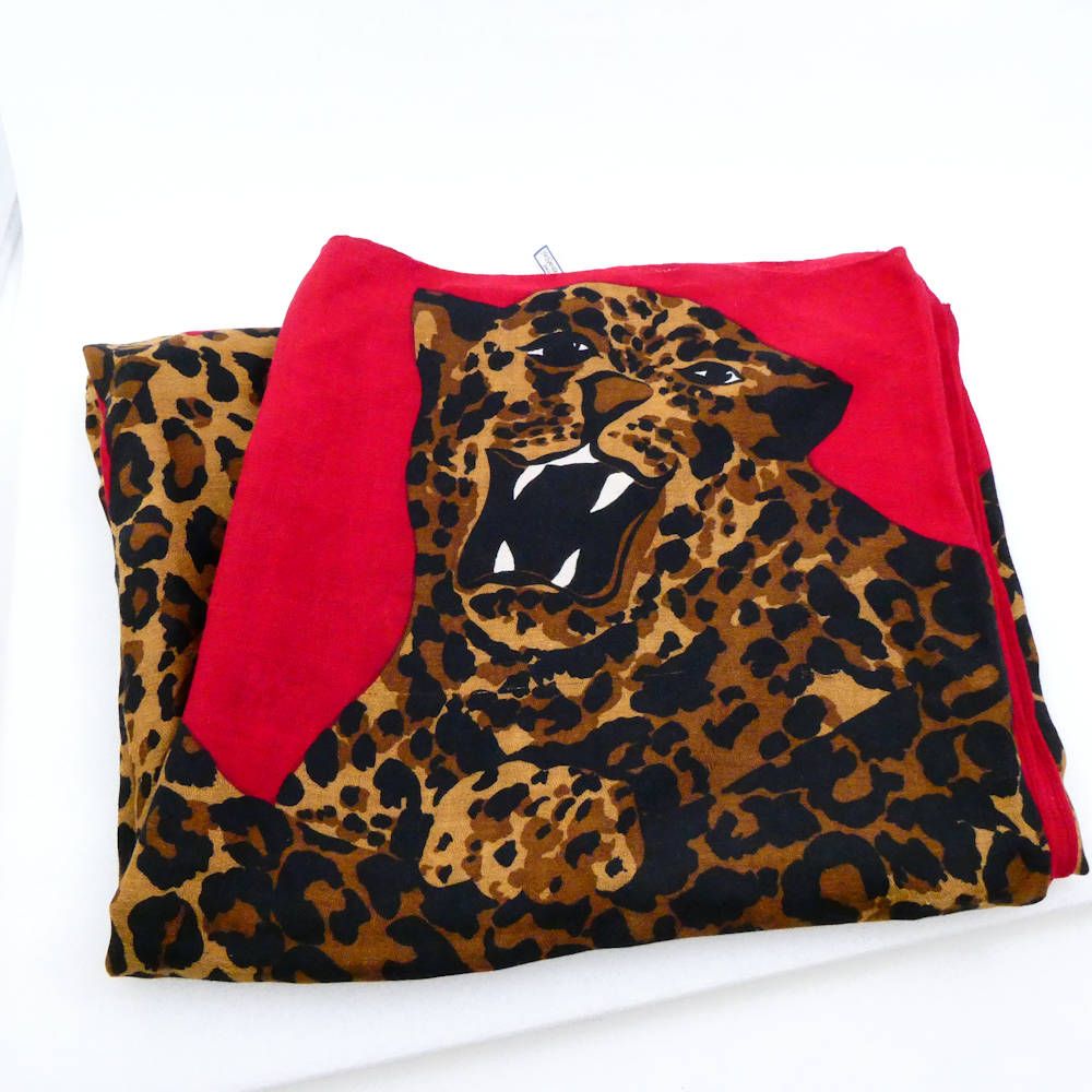 YvesSaintLaurent イヴサンローラン ストール ウール シルク スカーフ 大判 チーター柄 ヒョウ 豹 総柄 レディース AU3136