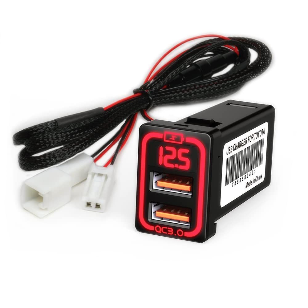 【人気商品】車載QC3.0 カーチャージャー CHELINK デュアルUSBポート 急速充電USB スマホ充電 表示電圧アンペア TOYOTA 車系用USB充電器トヨタ車系用車載 LEDライト(赤)