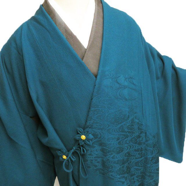 コート 道中着 着物 正絹 地模様 流水模様 深緑色 身丈101cm 裄67cm きもの北條 A1282-3