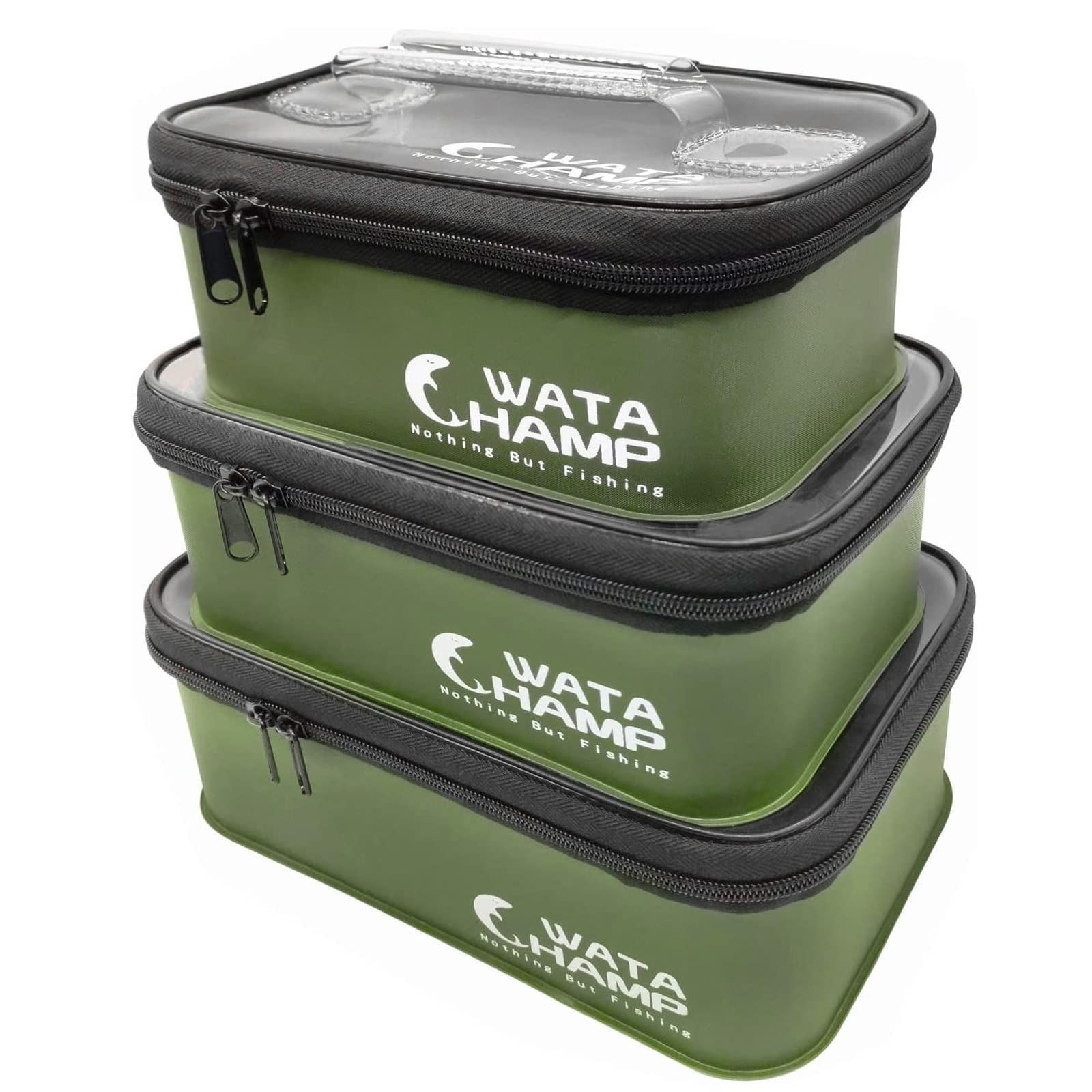 Color 緑3個 ワタチャンプ WATACHAMP 釣り タックルボックス 3個セット|1個 EVA ミニバッカン タックルケース ルアーケース 透明な上蓋 ソフトな持ち手 持ち運び便利 多機能 ダークグリーン タックルボックス 緑 3つ …