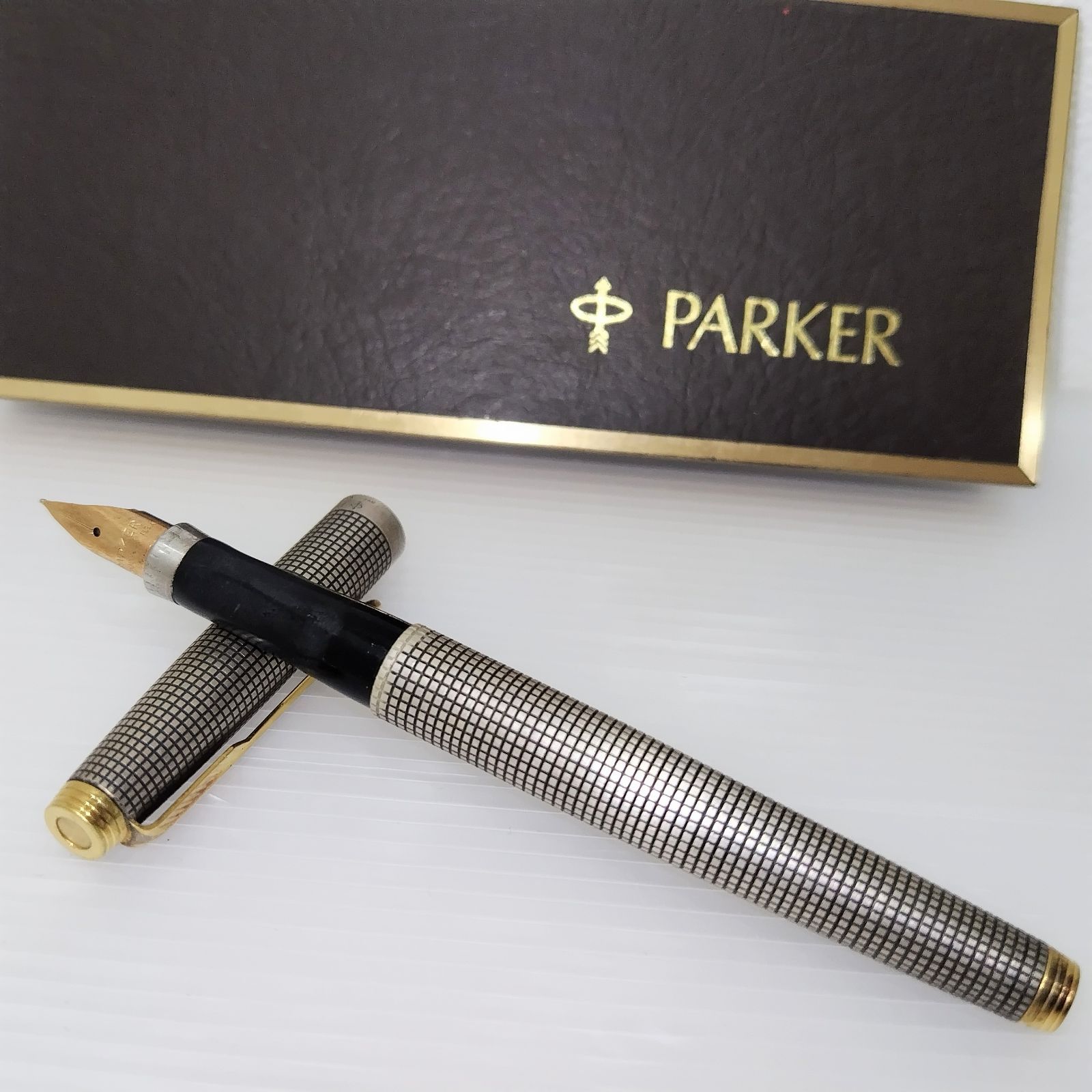 D(0430i9) PARKER パーカー 万年筆 Sterling Silver スターリングシルバー ペン先14K 格子模様 筆記具 - メルカリ