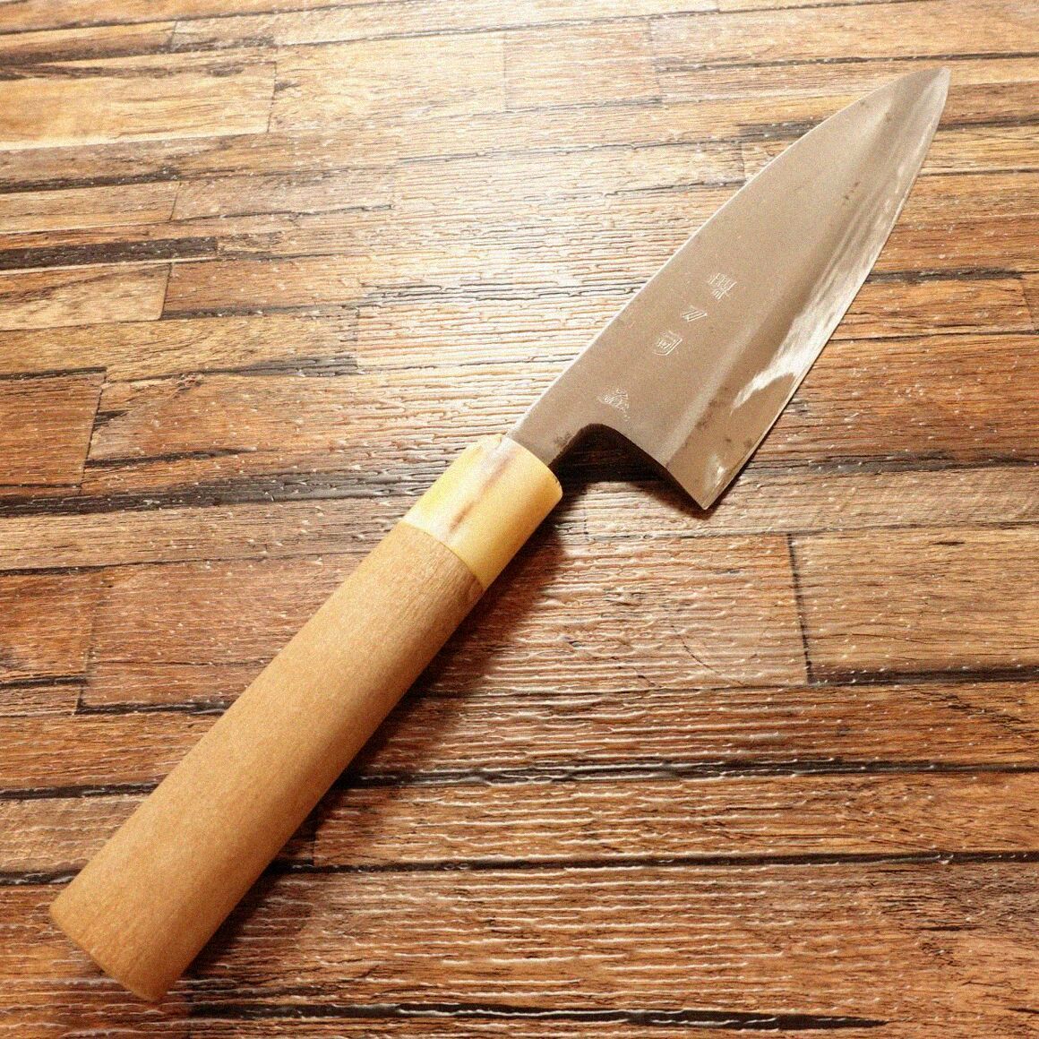 堺刀司 出刃包丁 研ぎ済 白水牛柄 岩国作 ハガネ 片刃 使用感少 170mm