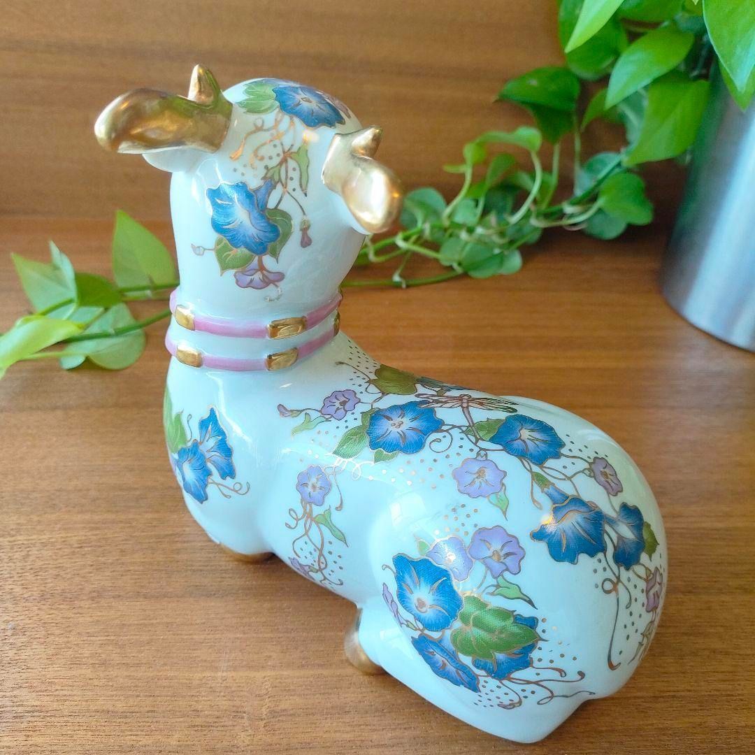 美品★フランクリンミント バンビ 鹿 花模様 陶器 置物 金彩 フィギュリン 美品☆フランクリンミント バンビ 鹿 花模様 陶器 置物 金彩