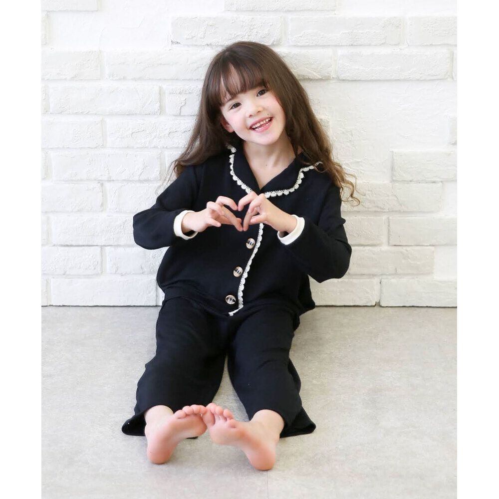 ブラック L ゆめパジャマ上下セット パジャマ 前開き 女の子 キッズ セットアップ 75012402 上下セット 長袖 上下 長ズボン レース 寝巻き 部屋着 襟付き フロントボタン おしゃれ かわいい オシャレ ルームウェア