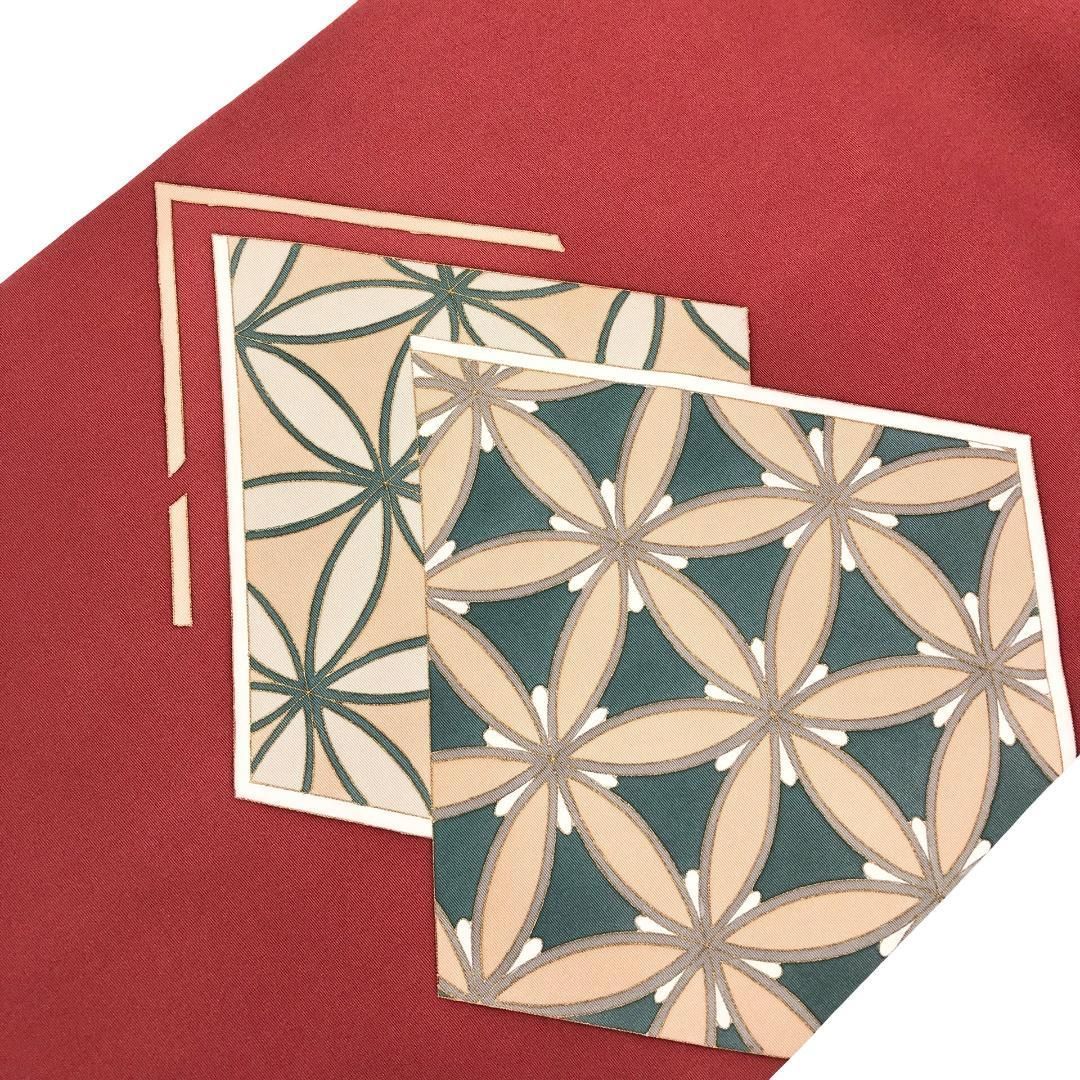 名古屋帯 塩瀬 菱形 花七宝 柘榴色 O-5629