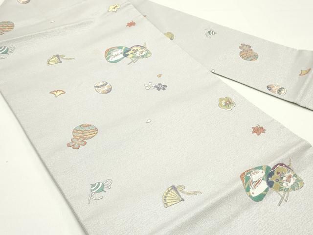 平和屋着物○九寸名古屋帯 唐織 わらべ詩 牡丹鼠色 金糸 正絹