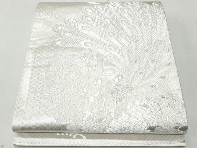 平和屋着物◎六通柄袋帯 唐織 美保姿 孔雀花花文 銀糸 正絹 逸品