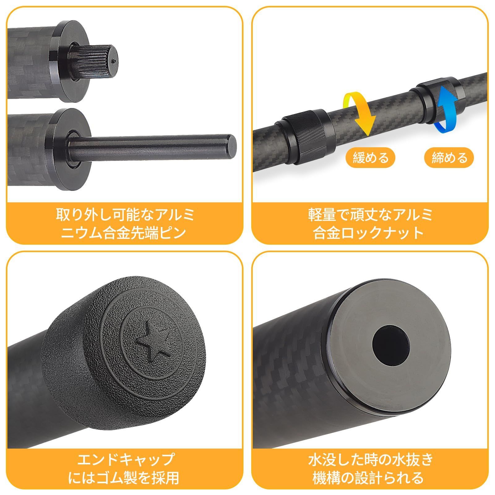 新着商品 軽量 テントポール 炭素繊維 コンパクト タープポール 伸縮ポール わずか364g 1本あたり 6継無段階調節 長さ51-230CM調節 スライド式 最大直径30MM 取り外して収納できる先端のピン 水抜き機構の設計 ゴム製エンドキ HRDEVELOPMENT_JP