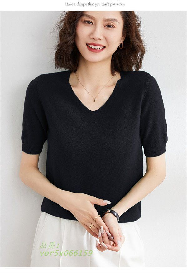 レディース サマーニット半袖 Tシャツ Vネック ゆったり 落ち感