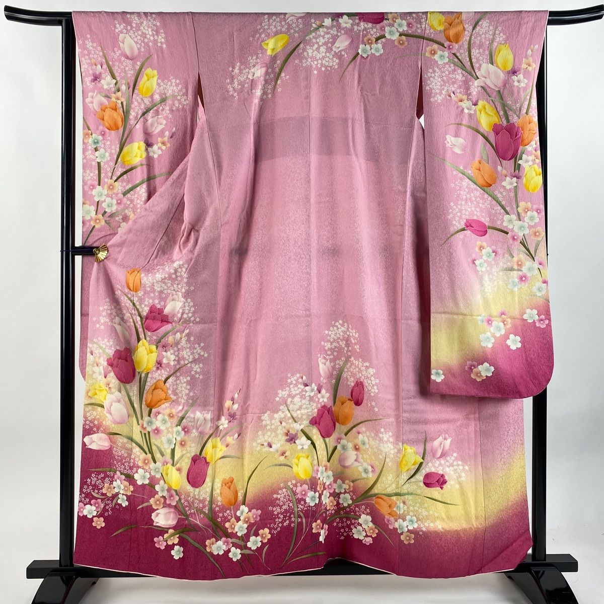 振袖 身丈159cm 裄丈64.5cm M 袷 チューリップ 草花 金通し ラメ ピンク 正絹