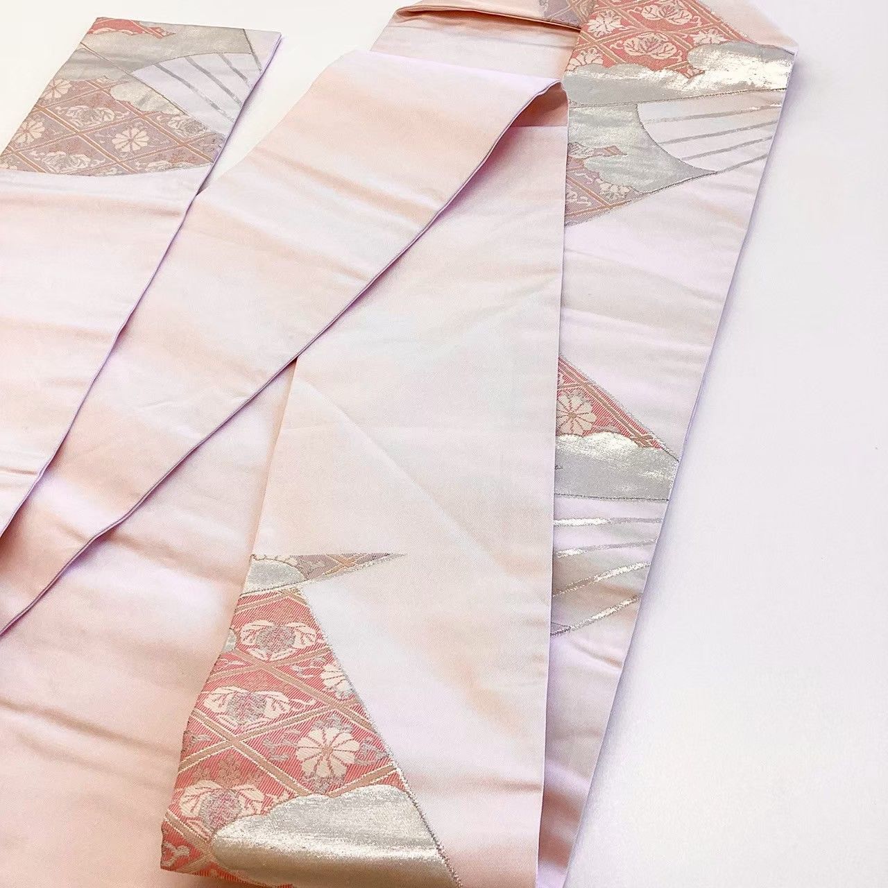 5680］名古屋帯 扇花菱文様 銀糸 九寸 正絹 着物 - メルカリ