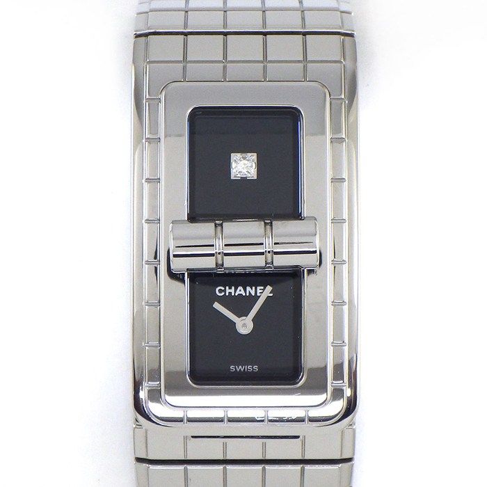 シャネル CHANEL 腕時計 コード ココ H5144 1ポイント ダイヤ付き レクタンギュラー ブラック文字盤 SS クオーツアナログ 箱 保付き