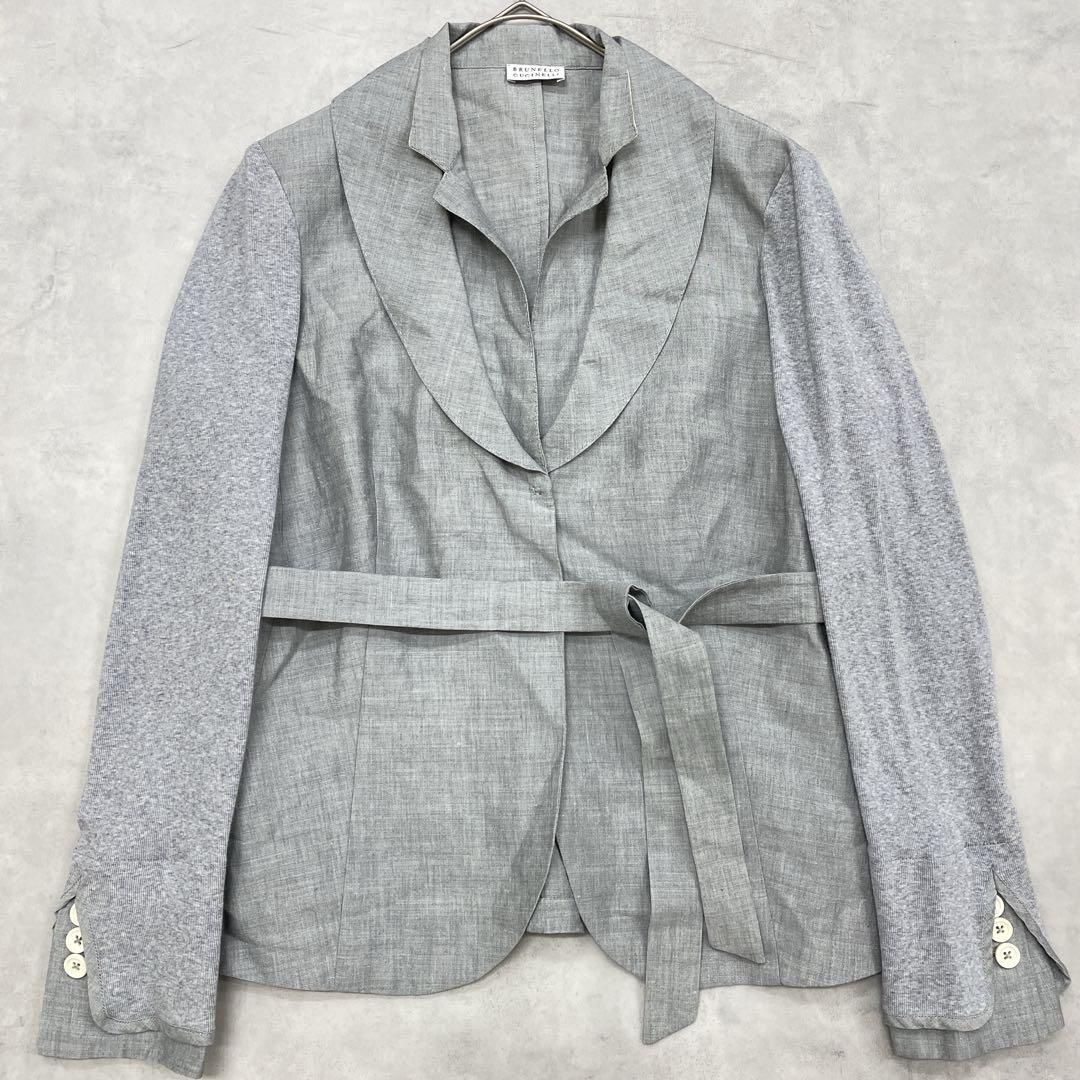 BRUNELLO CUCINELLI ブルネロクチネリ レイヤードジャケット ベルト 異素材 リネン コットン グレー レディース 44