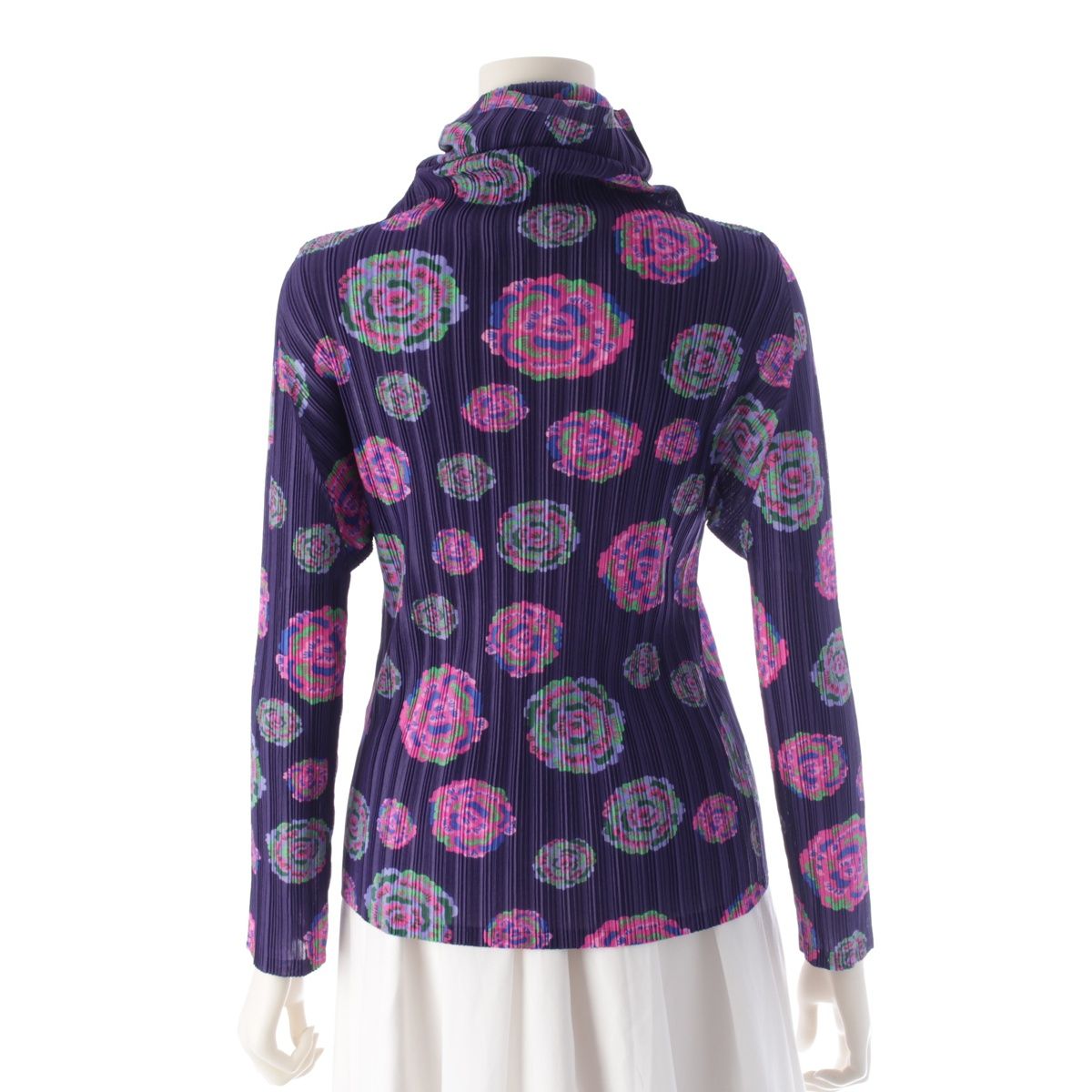 プリーツプリーズ イッセイミヤケ ハイネック 花柄 フラワー カットソー トップス パープル 3【中古】 プリーツプリーズ イッセイミヤケ ハイネック 花柄 フラワー