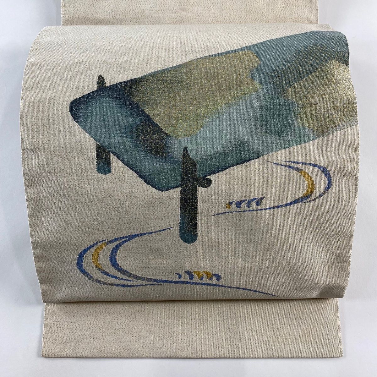 名古屋帯 秀品 川島織物 落款 松葉仕立て 八寸名古屋帯 橋 流水 金糸 ベージュ 正絹