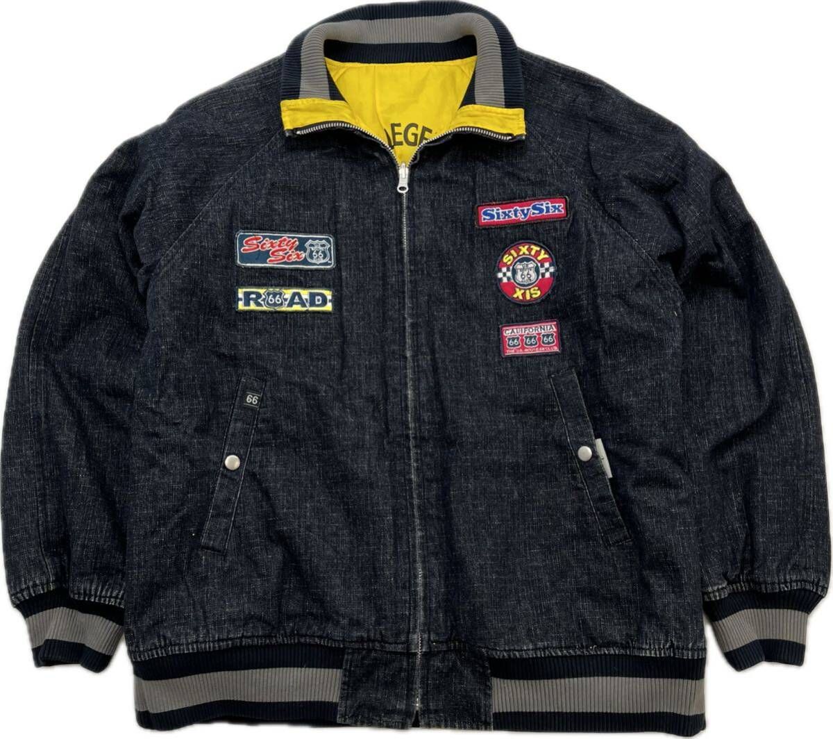 ROUTE66  リバーシブル 中綿 ブラック デニム ジャケット ワッペン ブルゾン イエロー L アメカジ ストリート バイカー ルート66S3361