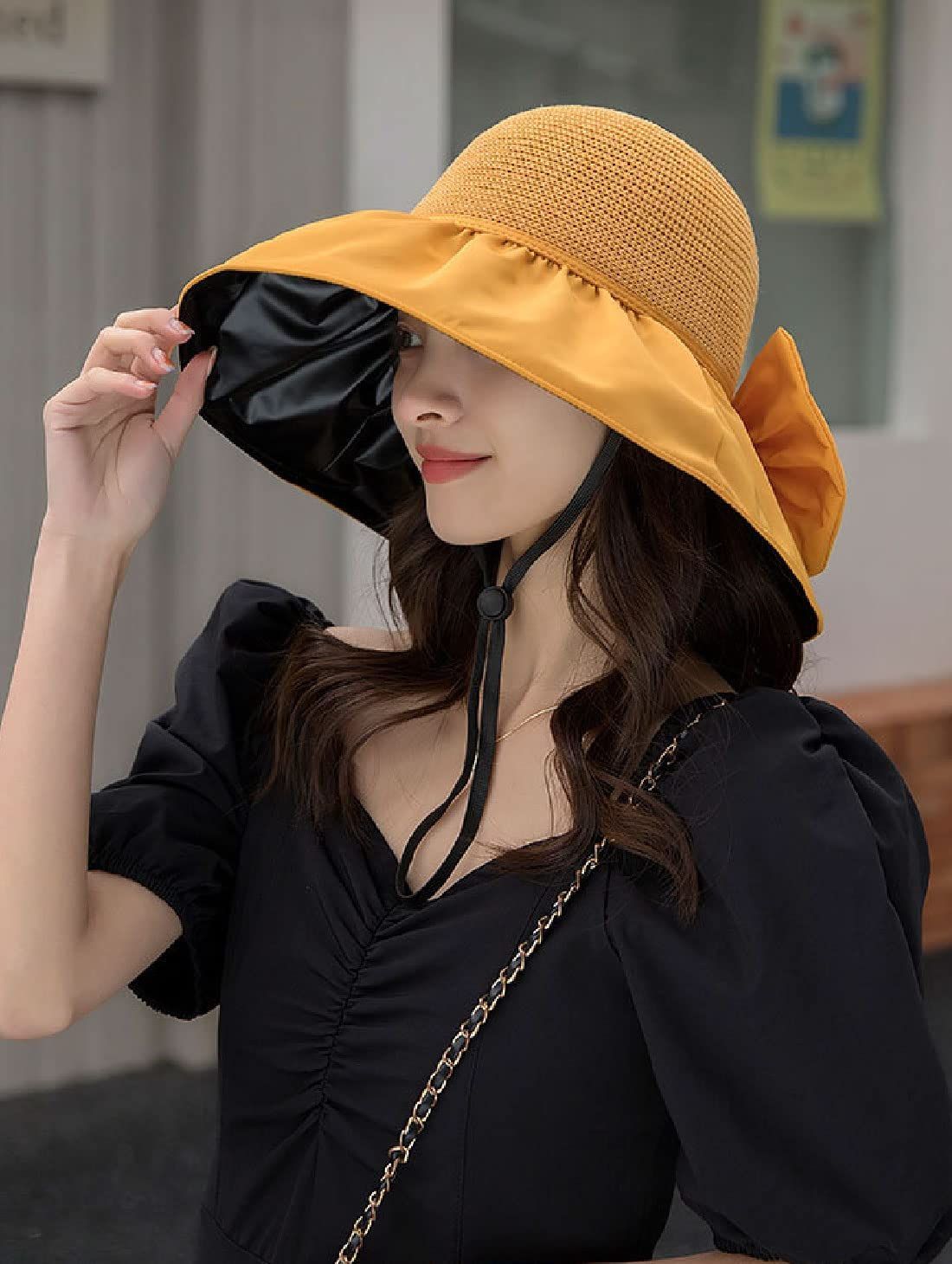 新品 麦わら 帽子 ブラック 紐付き 紫外線対策 UVカット 女優帽 夏 通販