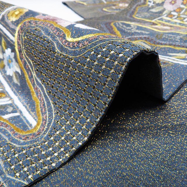 袋帯 中古 汕頭刺繍 スワトウ 中国三大刺繍 花模様 金通し 六通
