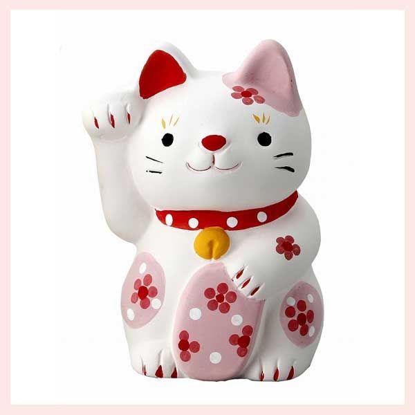 花　招き猫・桃　K5709　※陶器，縁起物，高級感，高品質，民芸品，工芸品，シリーズ，日本，レトロモダン，かわいい，可愛い，キャット，ねこ，置物，まとめ買い，セット割引，窯，カ