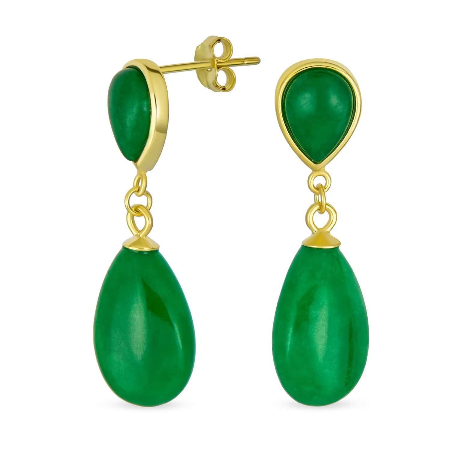 【人気商品】古典的なシンプルな宝石は、女性のための繊細なダブルティアドロップ本物の緑の翡翠のドロップピアス14Kイエローゴールドのオーバーレイ.925スターリングシルバーをぶら下がっ