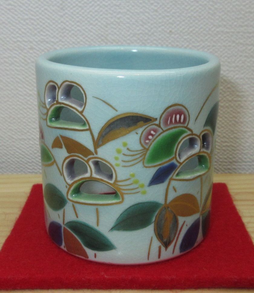 逢絢亭 茶道具 蓋置 京焼 青磁釉 露草の図 御室窯 共箱入り