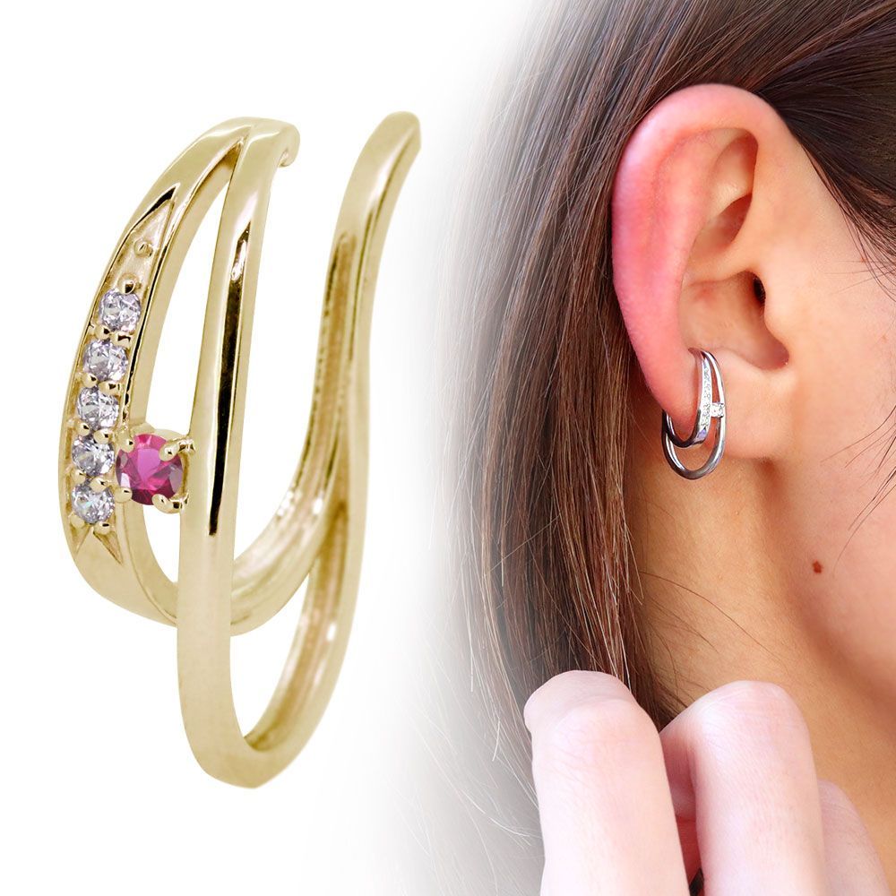 18金 イヤーカフ 18k レディース 片耳用 右耳 左耳 イヤカフ 2連 ダブルライン ルビー【受注生産の為8～10営業日程度で発送】