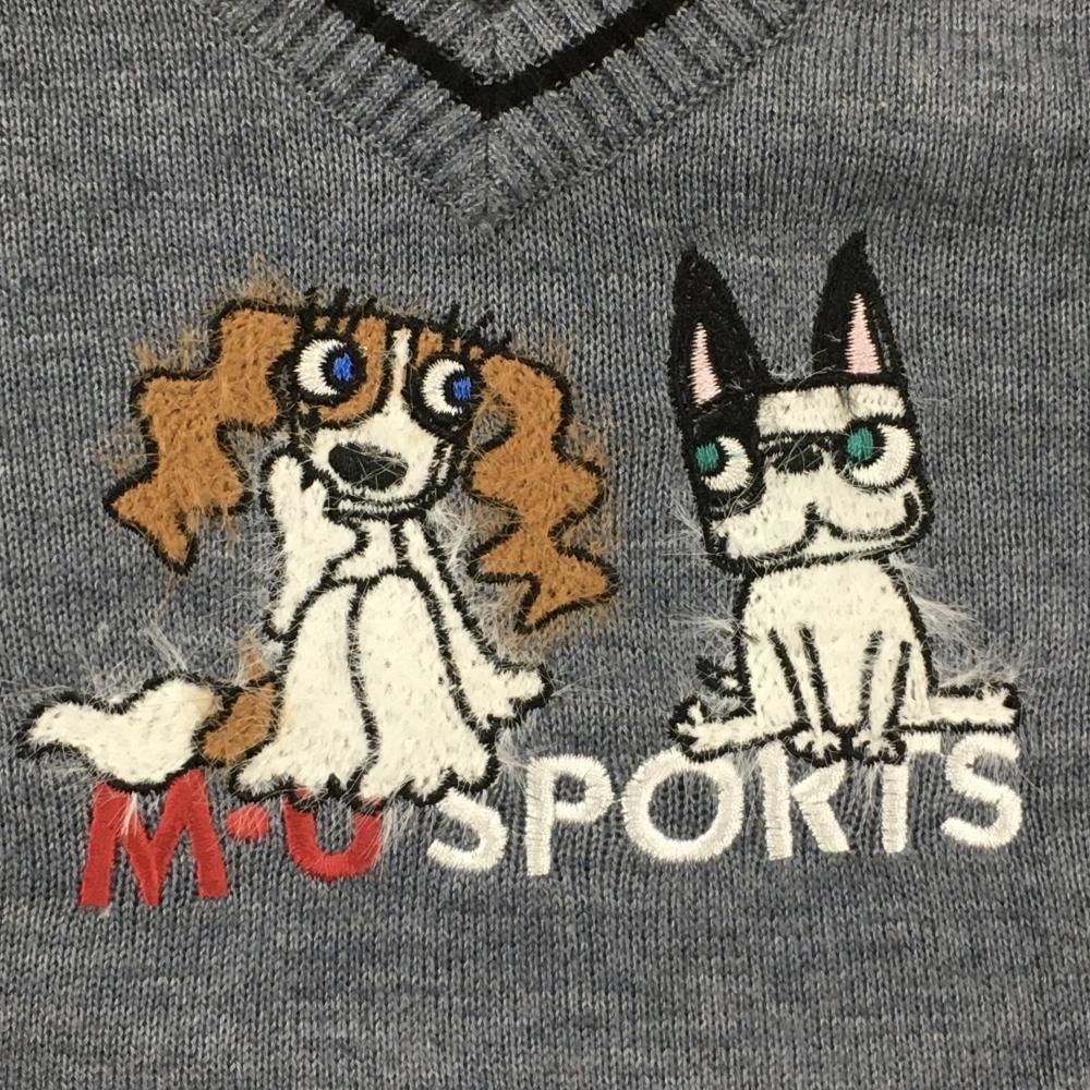 ゴルフ 【超美品】MUスポーツ ニットベスト 杢グレー系 胸ロゴ Vネック