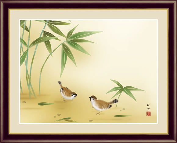 F6】花鳥画年中飾り額 竹に雀 田村竹世 和の風情 モダン G4-BK054
