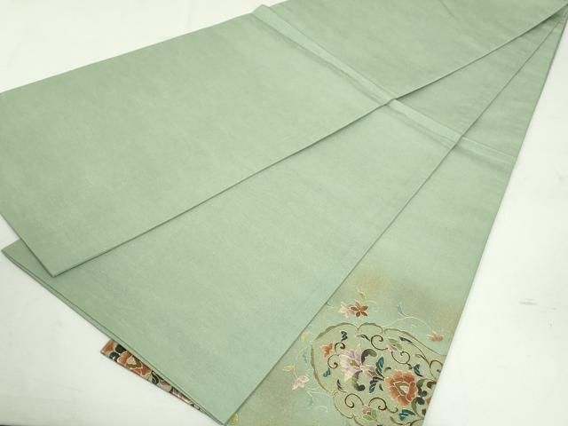 平和屋着物○太鼓柄袋帯 紬地 更紗花唐草文 金彩 正絹 逸品 未使用