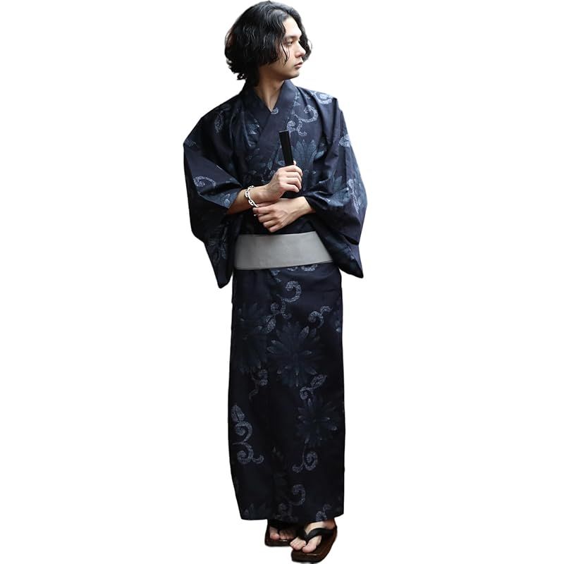 8 eight エイト 和柄 総柄 浴衣 3点セット メンズ 浴衣 帯 下駄 コットン 菊紋ネイビーM