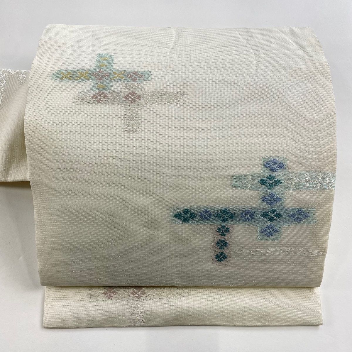 名古屋帯 秀品 夏帯 絽 幾何学模様 菱 銀通し クリーム 正絹 【中古