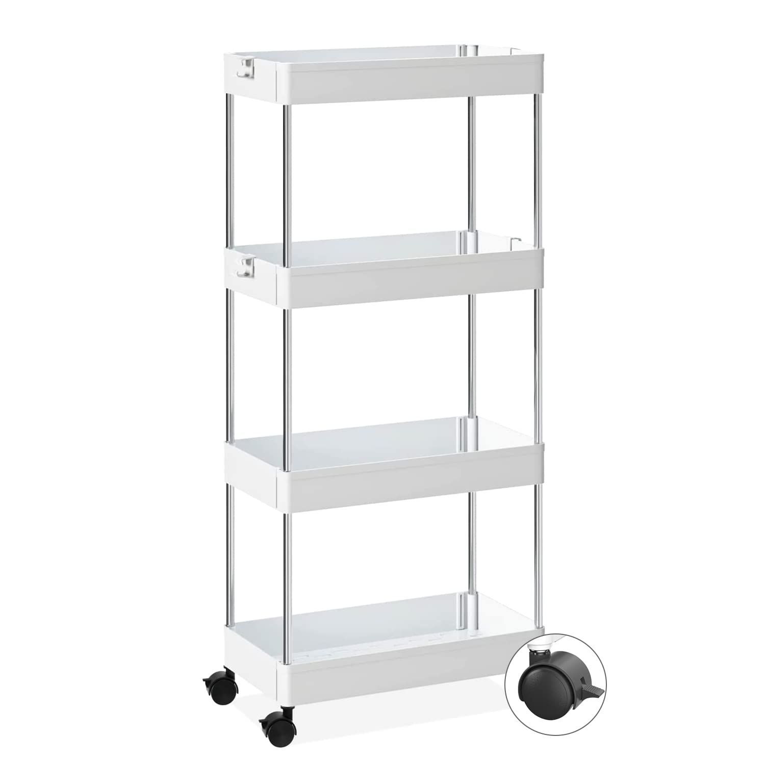 【在庫セール】サイドワゴン キャスター付き 収納カート 可動棚 隙間ワゴン ローリングラック 小物 スリム 台所 ４段 洗面所 幅40cm×奥行き22m×高さ86.4cm キッチンワゴン ステンレス鋼 LEEKEY ホワイト