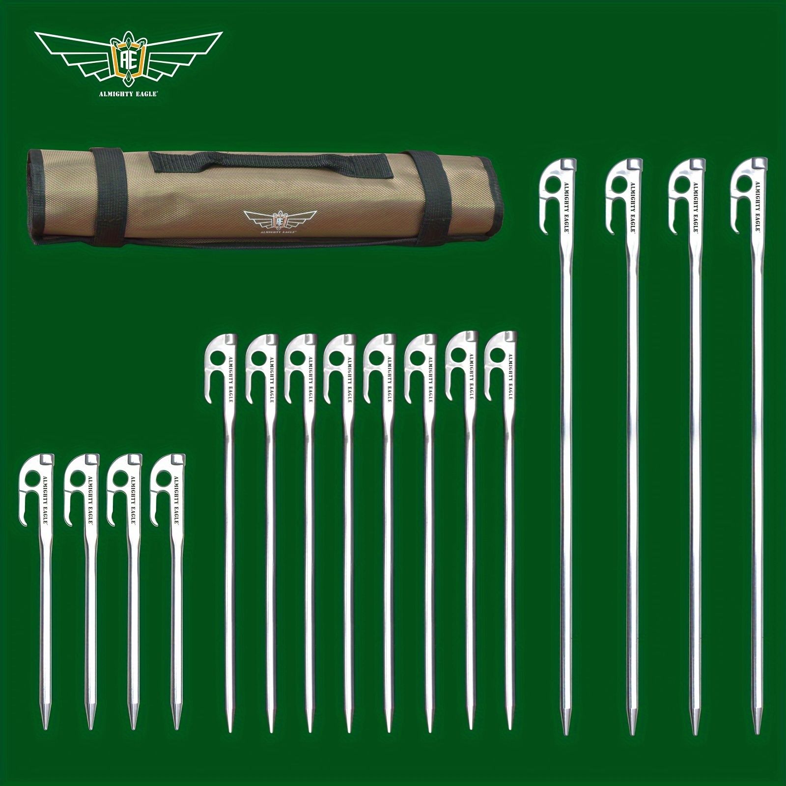 新着商品 ALMIGHTY EAGLE 16個入り ステンレス製テントペグ頑丈なアウトドアキャンプ用グランドネイルキャリーロールバッグ付きレンガコンクリート砂利木に多用途 - イースター独立記念日感謝祭クリスマスハロウィーンに多用途pK