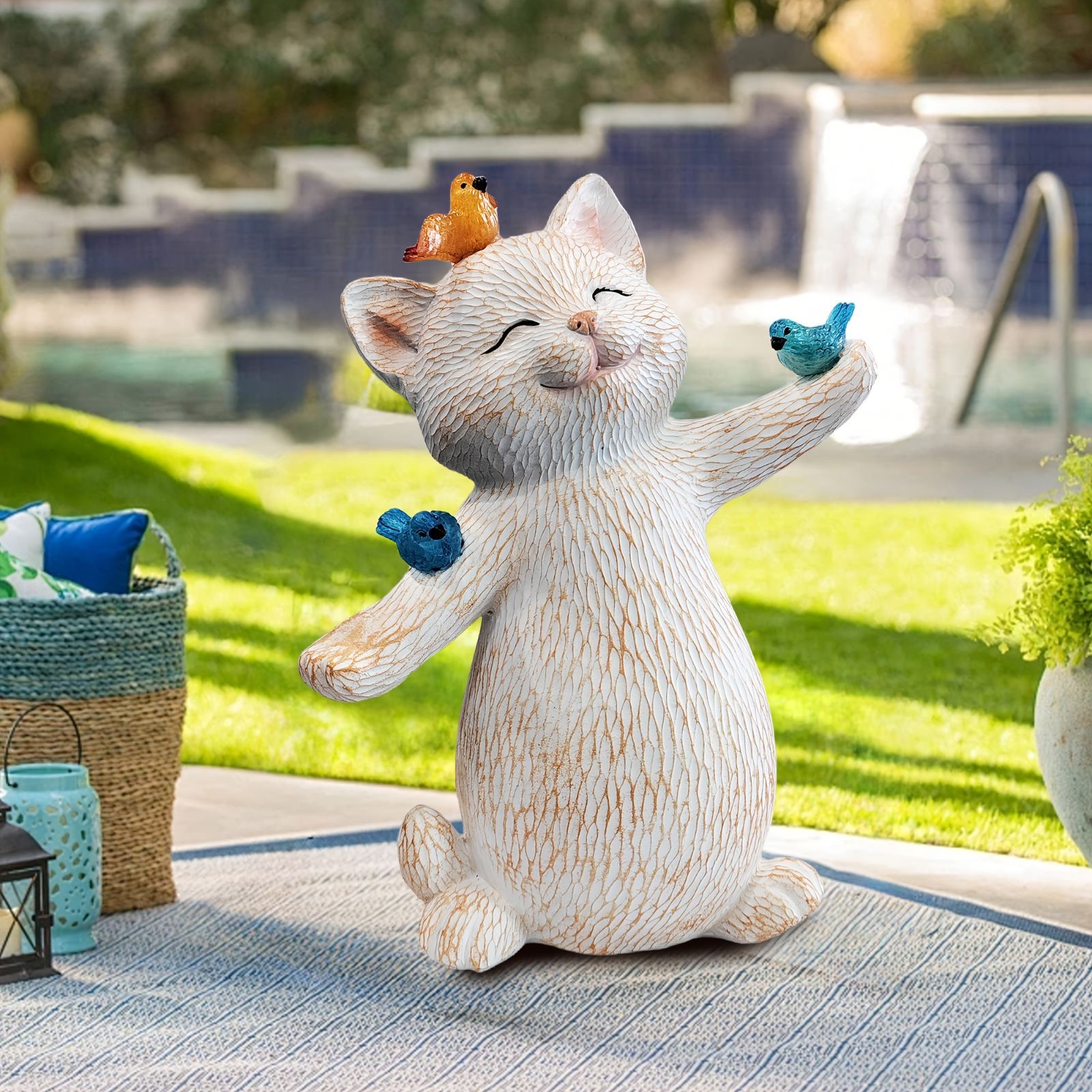 ソーラーライト ガーデンライト ガーデンオーナメント 小鳥と遊んでいるネコ 猫 ねこ 庭オブジェ 癒しグッズ ガーデニング お庭 玄関ライト 園芸装飾 インテリア オシャレ 防水 樹脂 ギフト プレゼント