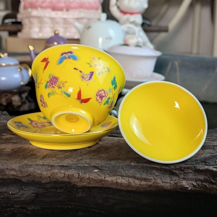 中国茶器　蓋碗　女性ぴったり　蝶恋花　黄色 61UMV4F1g4L._AC_UF894,