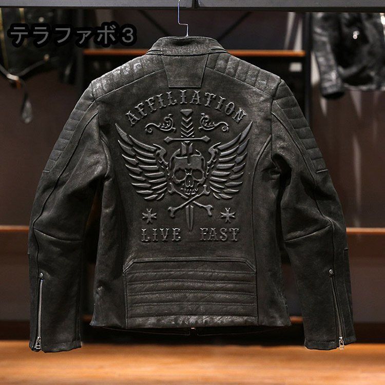 メンズ4XL☆ブラックスカル柄☆レザージャケット☆黒☆ドクロ☆本革