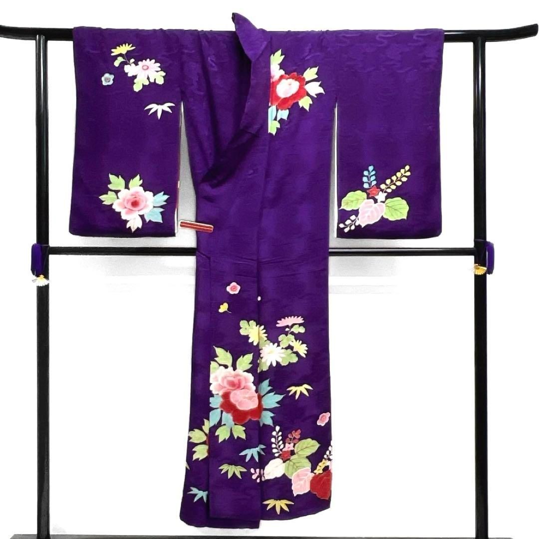 アンティーク 訪問着 牡丹 桐の花 竹 梅 パープル 着物 034a d