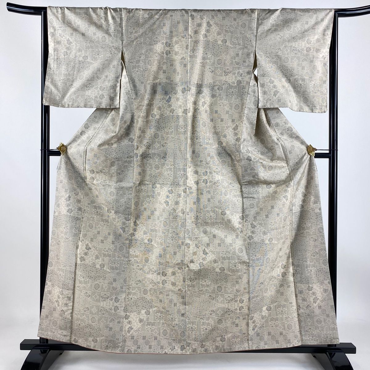 大島紬 身丈160cm 裄丈65.5cm M 袷 草花 幾何学模様 ベージュ 正絹 秀品