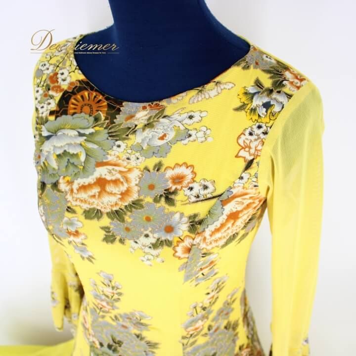 社交ダンス 衣装 ドレス ワンピース レッスンウェア レディース オールシーズン prima boutique プリマブティック イエロー系 黄色 華やか デザイン 花模様 二重スカート ポリエステル 伸縮性 女性用 結婚式 パーティー