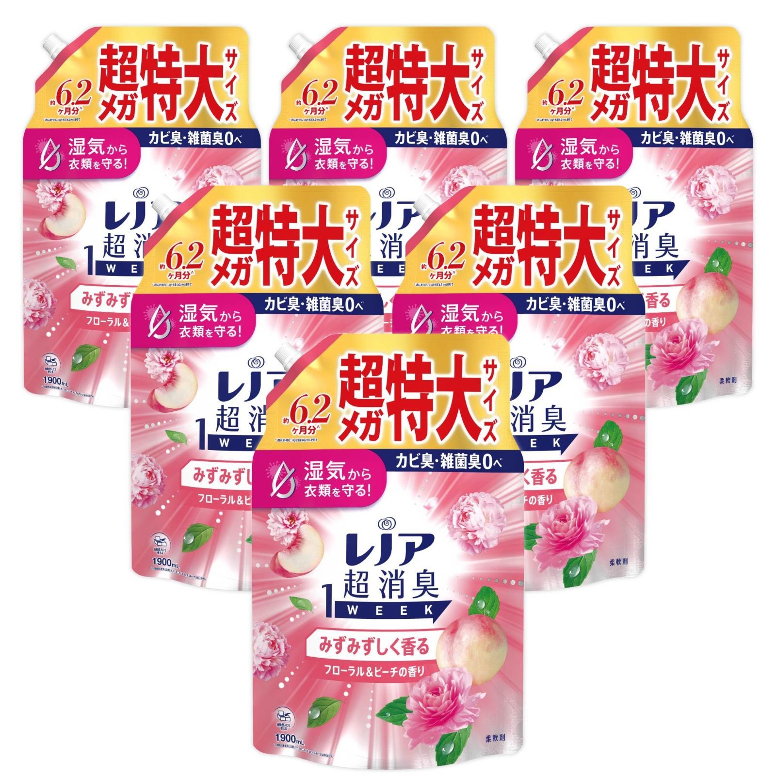 レノア 超消臭1WEEK 柔軟剤 みずみずしく香るフローラル-ピーチの香り 詰め替え 1900mLｘ6袋 大容量 ケース品