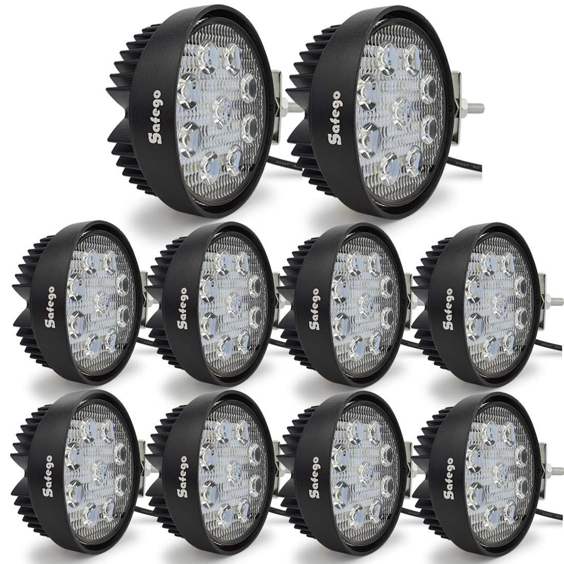 LED 27W 作業灯|ワークライト 丸形 広角タイプ 9連LED Safego 車外灯 農業機械 ホワイト ワークライト 6000K 12V-24V対応 10個入