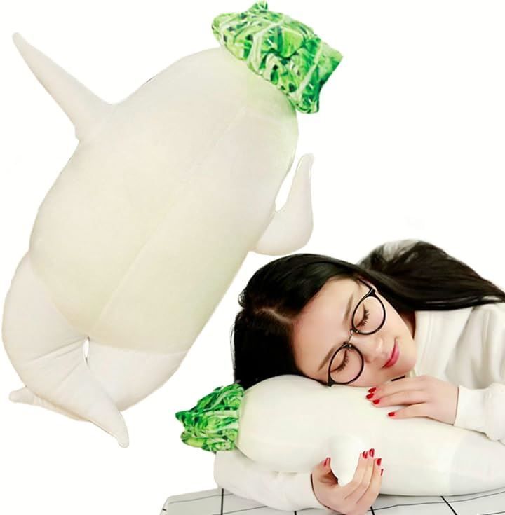 EU SOU（エウソウ） 大根 抱き枕 野菜 クッション ネックピロー ぬいぐるみ 昼寝枕 ふわふわ もちもち 添い寝枕 背もたれ( ホワイト，  60cm)