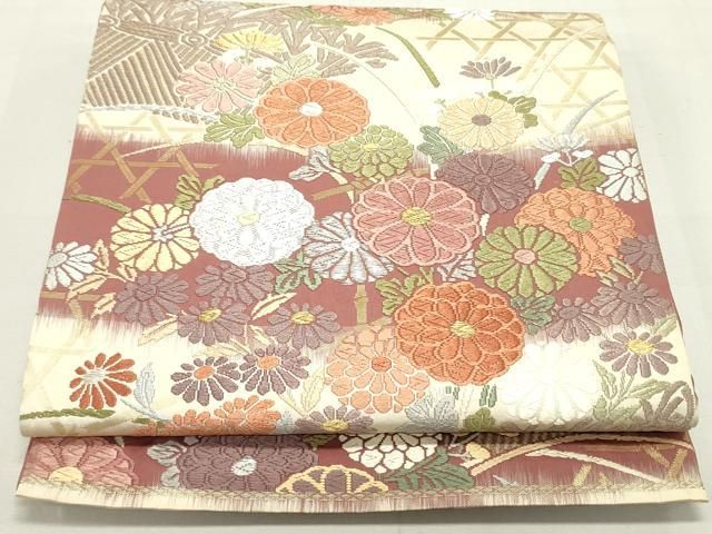 ◆955◆六通柄　袋帯　刺繍　華文　有職文様　唐花草　着物帯　和装着物 平和屋着物▽六通柄袋帯 唐織 籬草花横段文 金銀糸 正絹 逸品