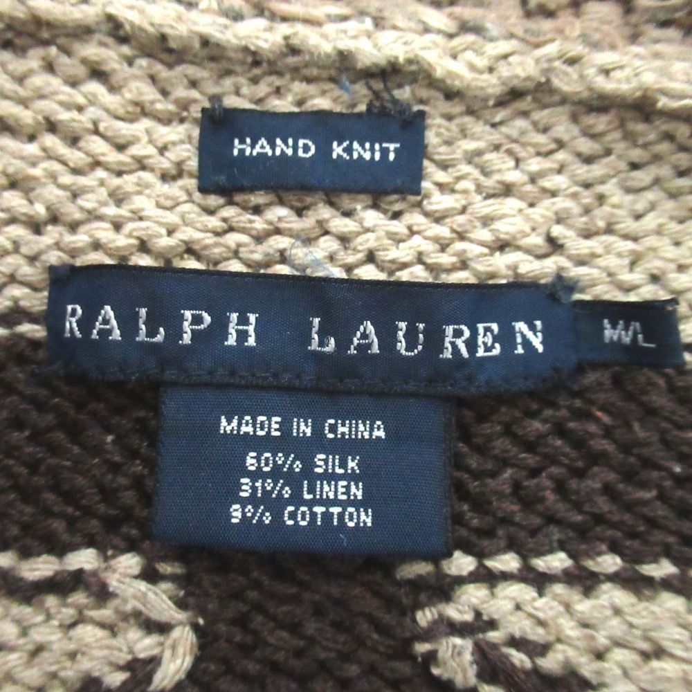 美品 RALPH LAUREN ラルフローレン ネイティブ柄 シルクリネン オープンフロント ハンドニット カーディガン SSRLLA2036 Lサイズ レディース 古着 中古 美品 RALPH LAUREN ラルフローレン ネイティブ柄 シルクリネン