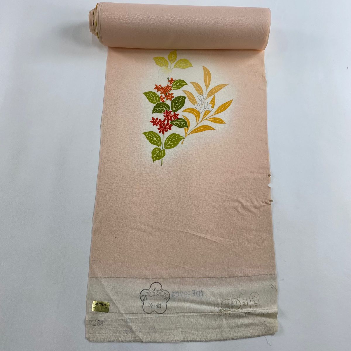 反物 秀品 付下げ 草花 金彩 ぼかし 薄オレンジ 正絹