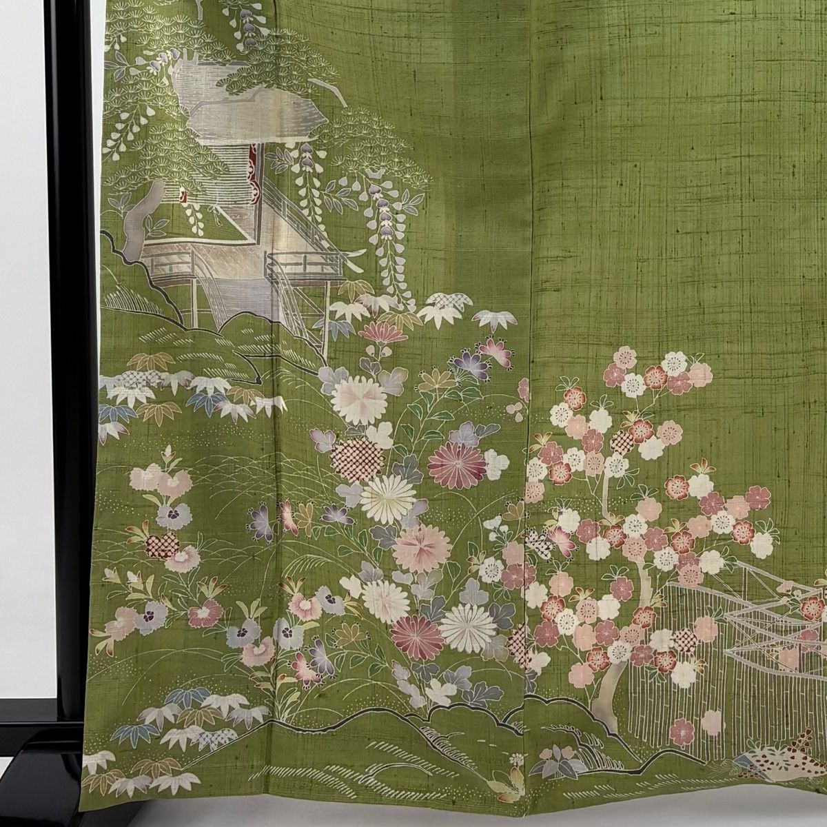 訪問着 身丈165.5cm 裄丈65cm M 袷 紬地 建物 草花 よもぎ色 正絹